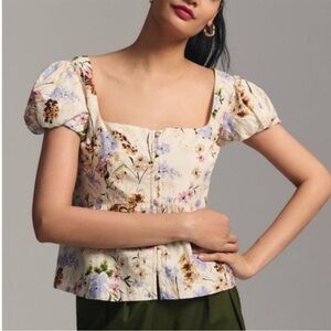 Anthropologie floral peplum top puff sleeve smocked back